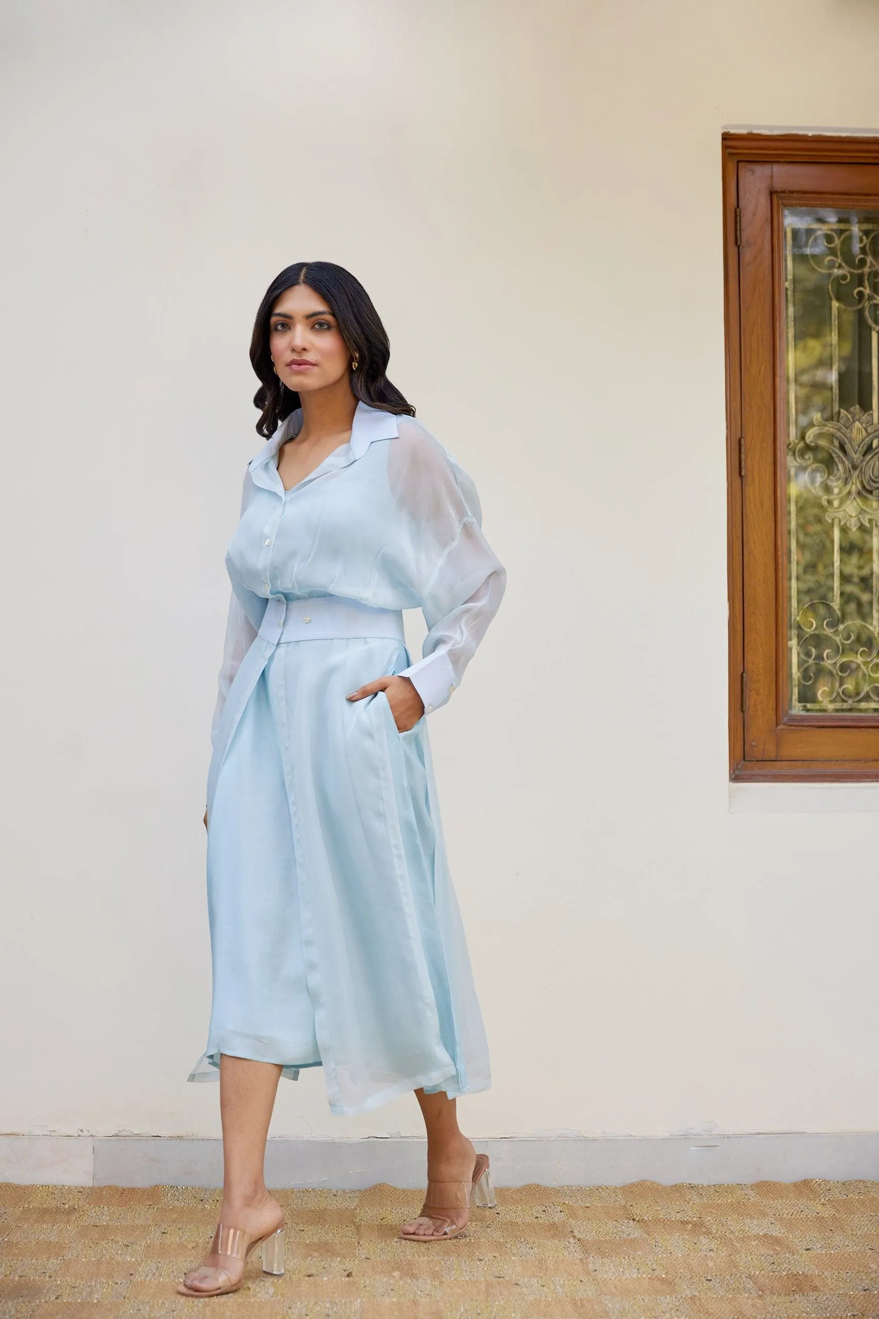 Blue Solid Organza Jacket Set (Set of Two)