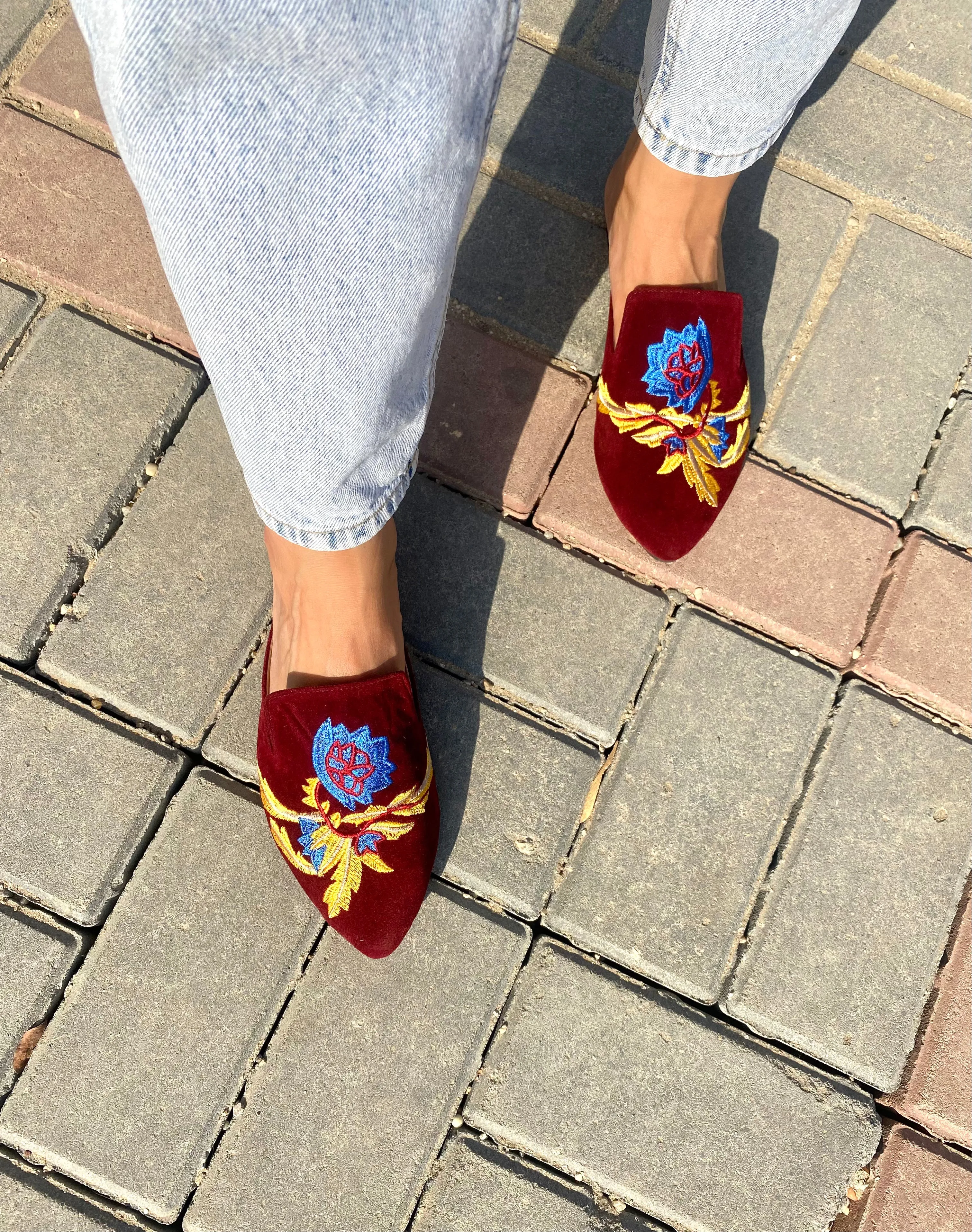 Burgundy Embroidered Mules