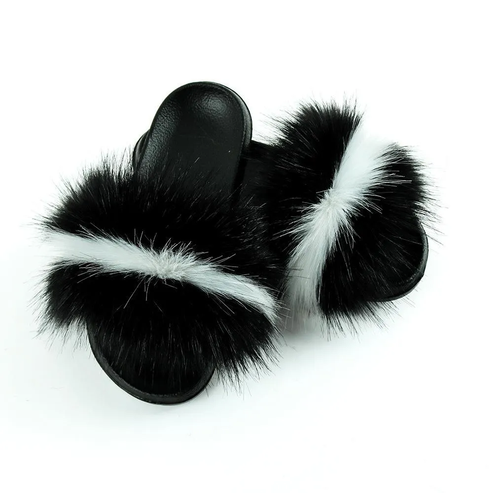 Chicvane Striped Color Block Faux Fur Open Toe Fluffy Flat Sleeper Slides For Women