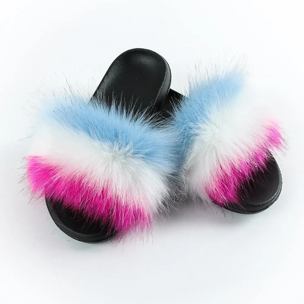 Chicvane Striped Color Block Faux Fur Open Toe Fluffy Flat Sleeper Slides For Women