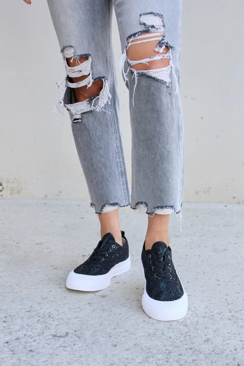 Forever Link Sequin Lace-Up Platform Chunky Thick Sole Low Top Black Sneakers