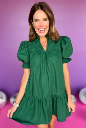 Hunter Green Ruffle Button Up Detail Short Puff Sleeve Dress *FINAL SALE*