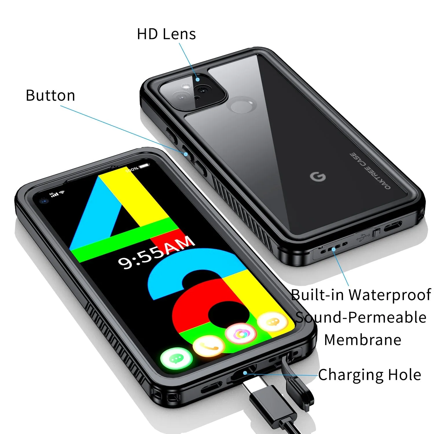 Oaktree Google Pixel 4a 5G Waterproof Shockproof Full-Body Rugged Case - Black / Clear