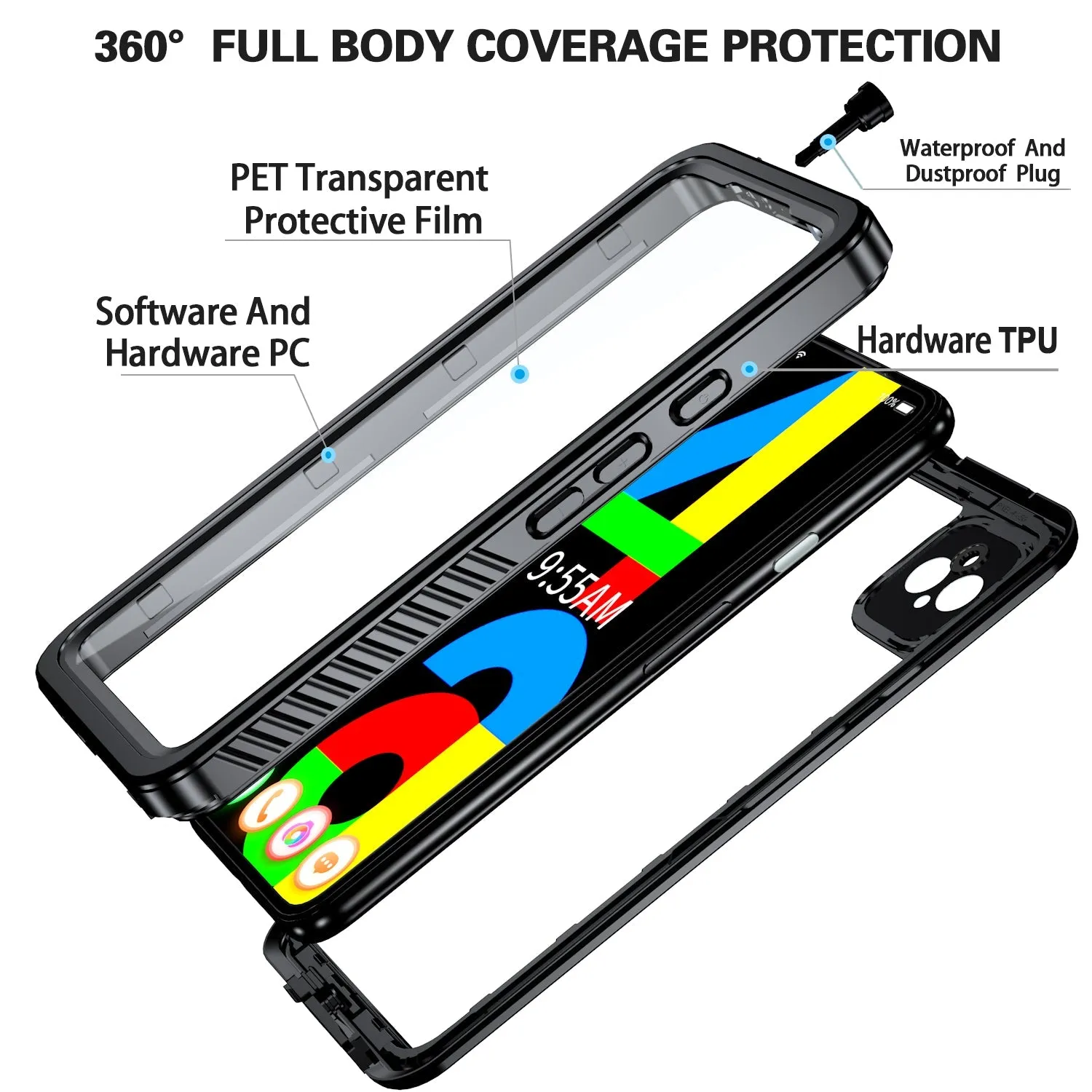 Oaktree Google Pixel 4a 5G Waterproof Shockproof Full-Body Rugged Case - Black / Clear