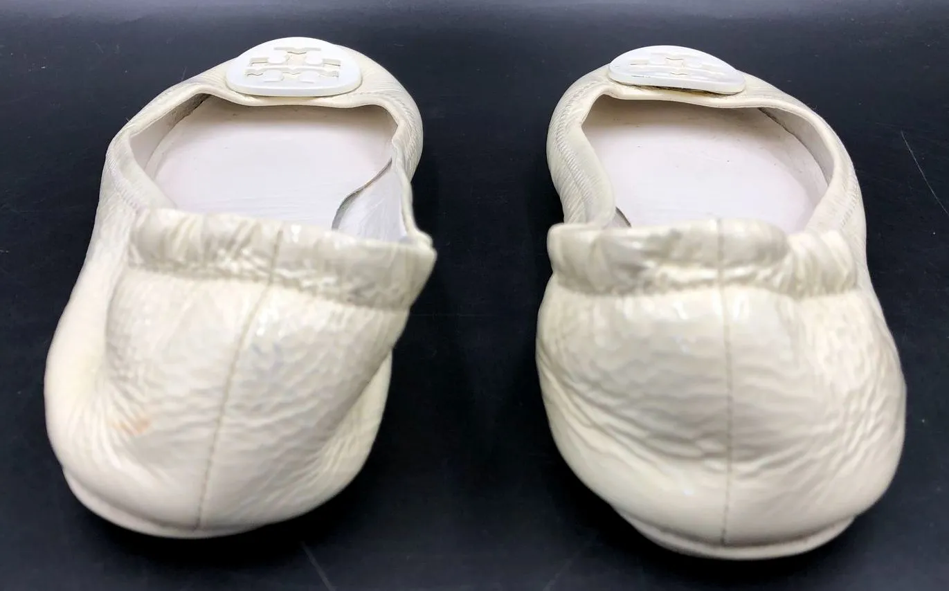 Tory Burch Women's Minnie Cream White Patent Leather Ballet Flats - Sz 8 ( COA)